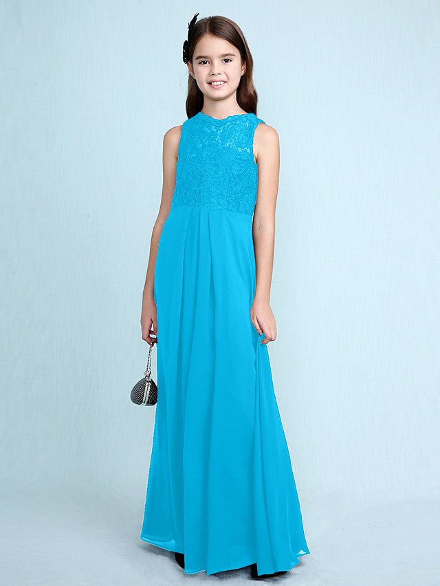 Sheath Column Scoop Neck Floor Length Chiffon & Lace Junior Bridesmaid Dress-BallBride