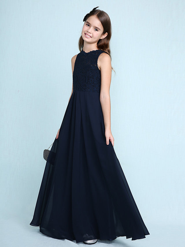 Sheath Column Scoop Neck Floor Length Chiffon & Lace Junior Bridesmaid Dress-BallBride