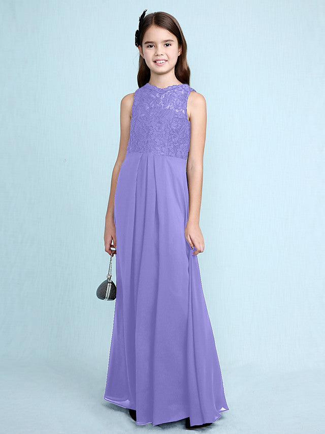 Sheath Column Scoop Neck Floor Length Chiffon & Lace Junior Bridesmaid Dress-BallBride