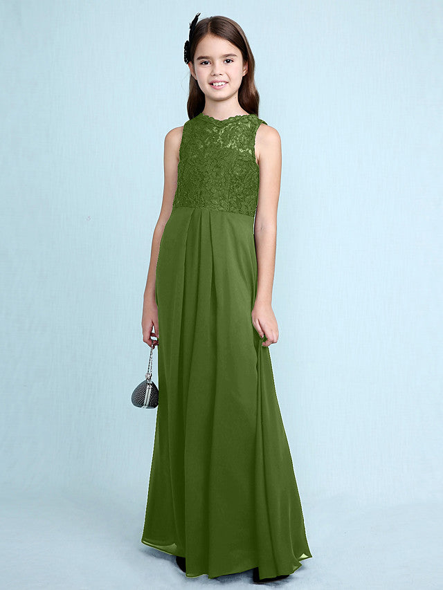 Sheath Column Scoop Neck Floor Length Chiffon & Lace Junior Bridesmaid Dress-BallBride