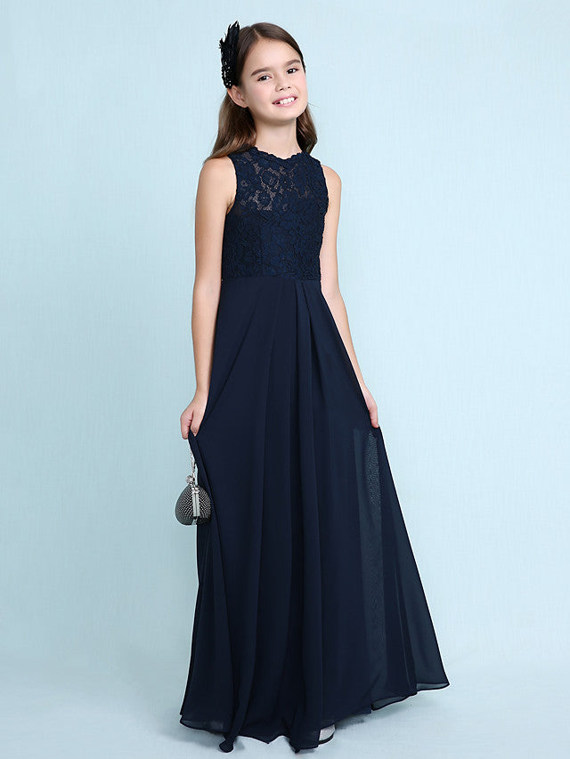 Sheath Column Scoop Neck Floor Length Chiffon & Lace Junior Bridesmaid Dress-BallBride
