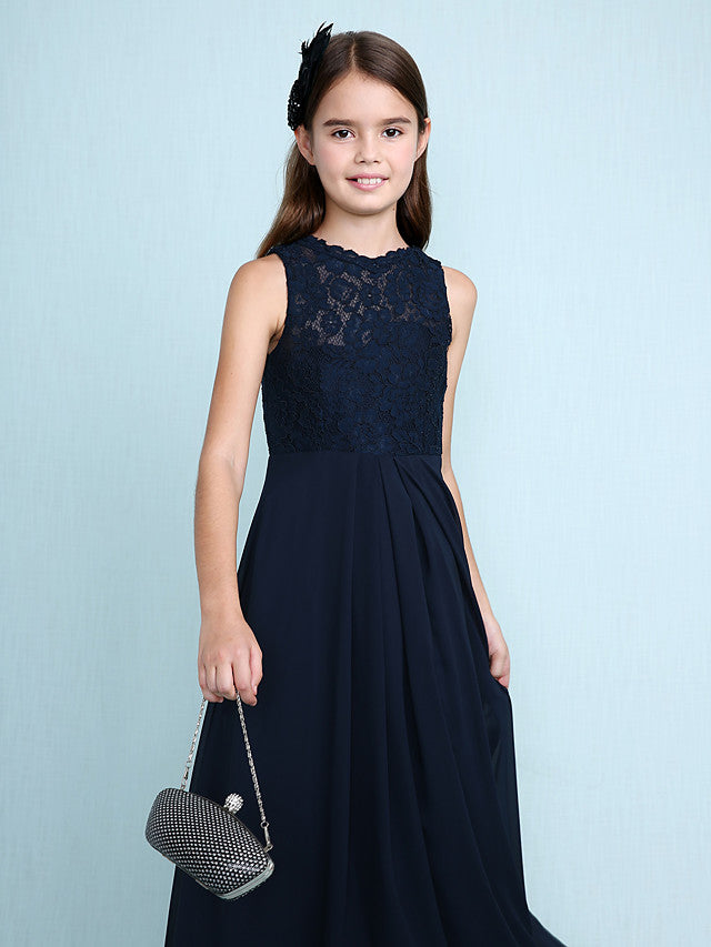 Sheath Column Scoop Neck Floor Length Chiffon & Lace Junior Bridesmaid Dress-BallBride