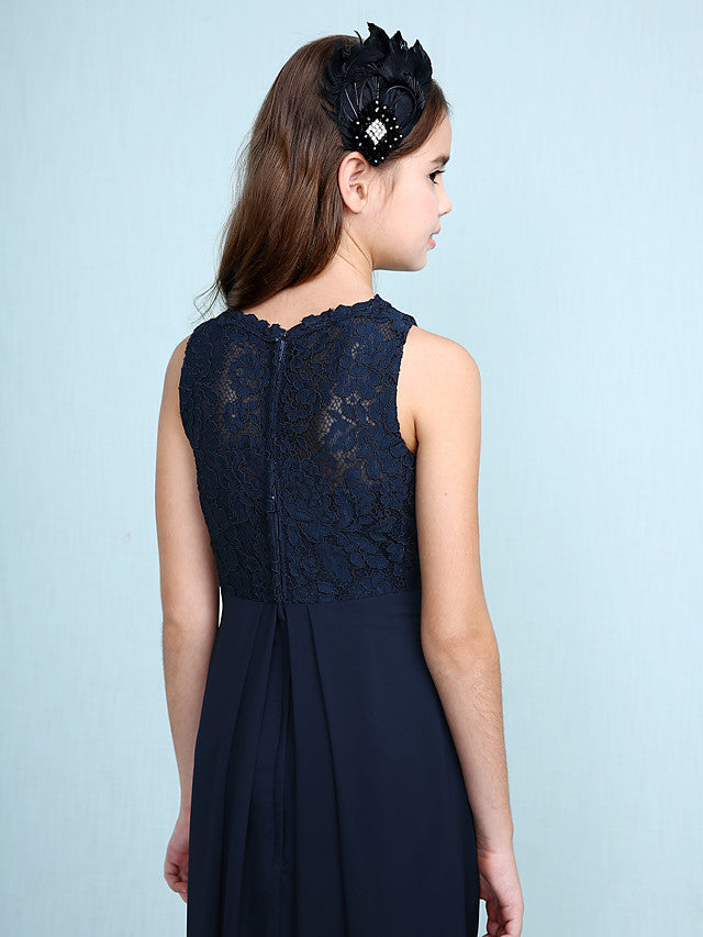 Sheath Column Scoop Neck Floor Length Chiffon & Lace Junior Bridesmaid Dress-BallBride