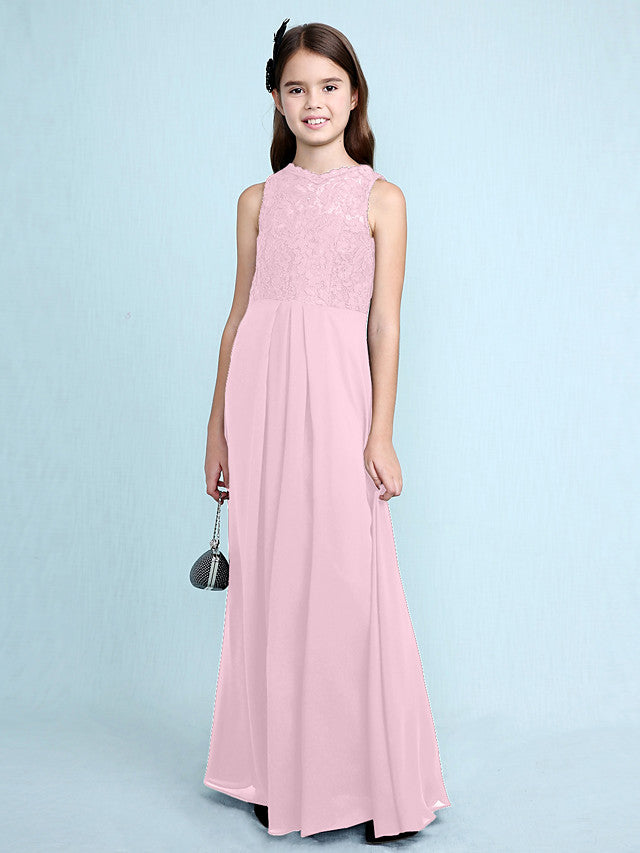 Sheath Column Scoop Neck Floor Length Chiffon & Lace Junior Bridesmaid Dress-BallBride
