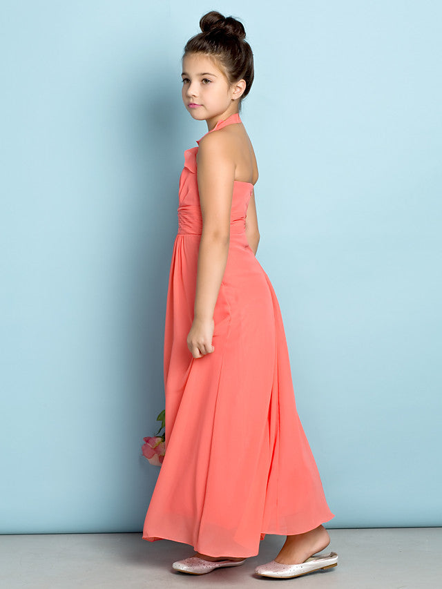 Sheath Halter Neck Chiffon Junior Bridesmaid Dress With Side Draping-BallBride