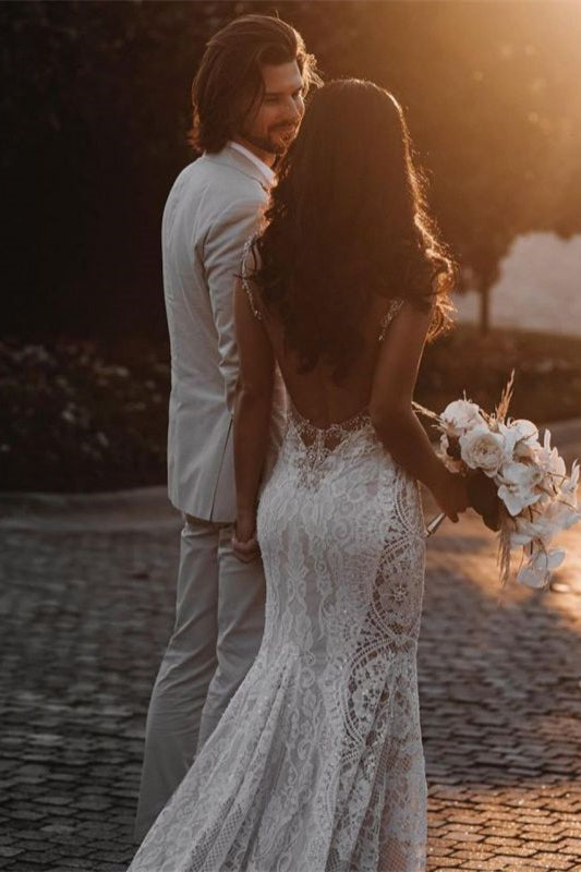 Sheer Straps Chapel Train Mermaid Lace Wedding Dress With Beadings-BallBride