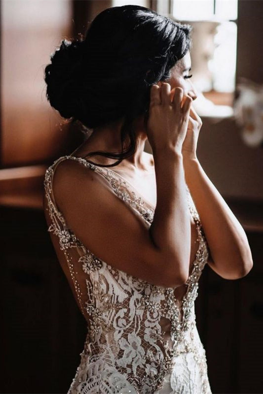 Sheer Straps Chapel Train Mermaid Lace Wedding Dress With Beadings-BallBride