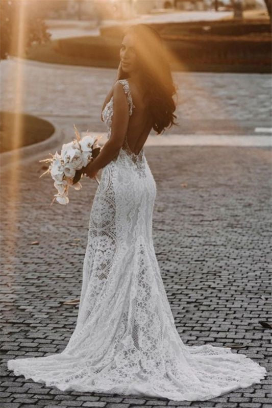 Sheer Straps Chapel Train Mermaid Lace Wedding Dress With Beadings-BallBride