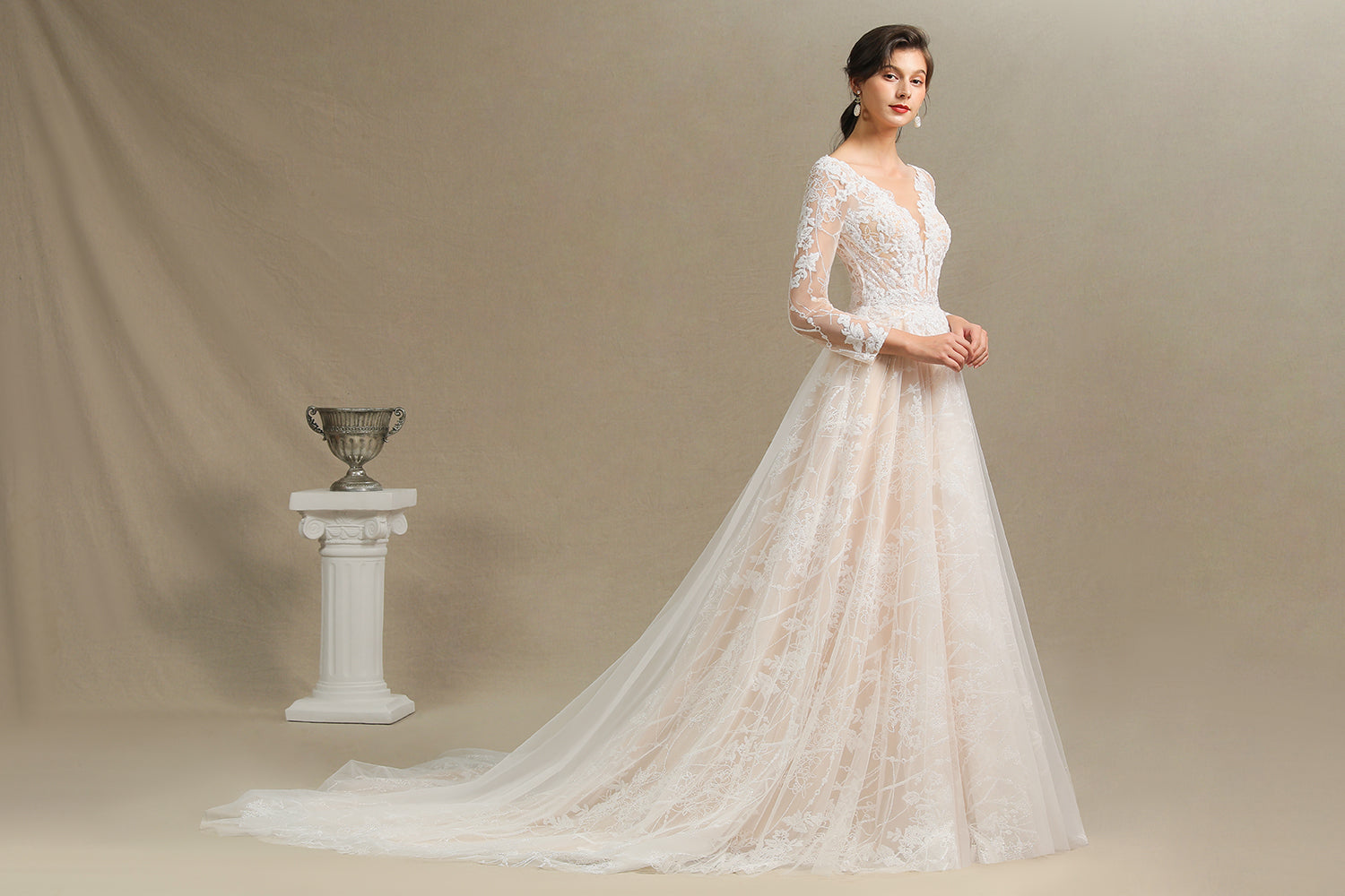 Sheer Tulle A-Line Wedding Dress With Lace Illusion Sleeves-BallBride