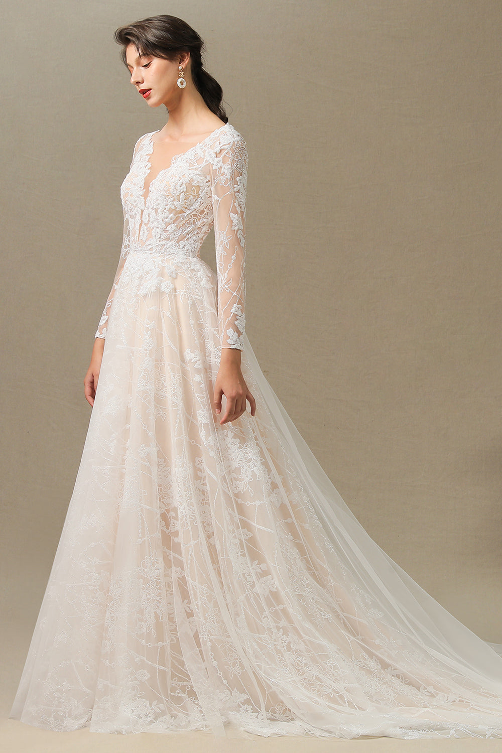 Sheer Tulle A-Line Wedding Dress With Lace Illusion Sleeves-BallBride