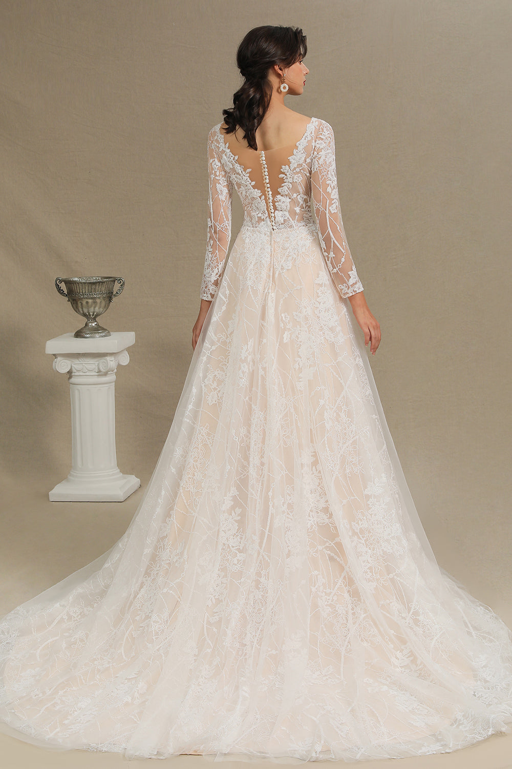 Sheer Tulle A-Line Wedding Dress With Lace Illusion Sleeves-BallBride