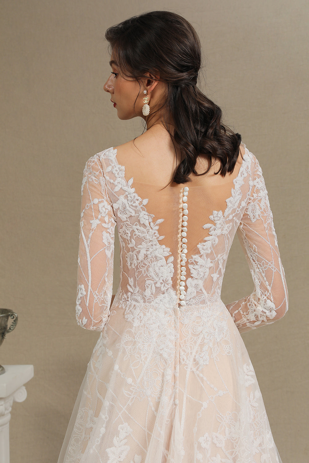 Sheer Tulle A-Line Wedding Dress With Lace Illusion Sleeves-BallBride