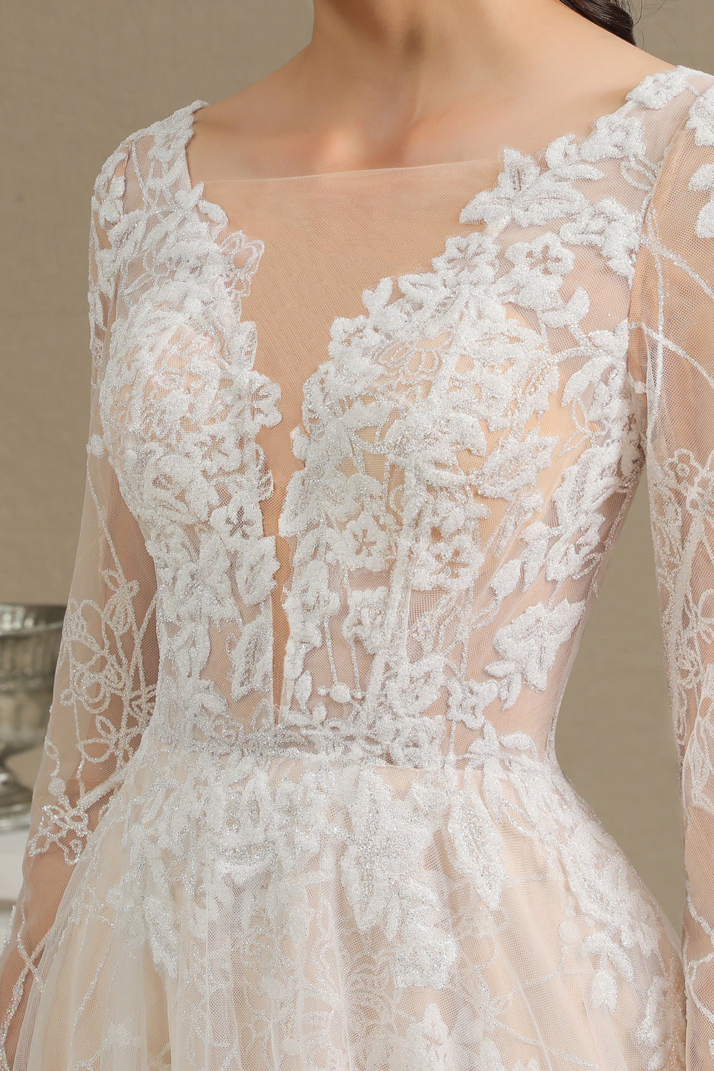 Sheer Tulle A-Line Wedding Dress With Lace Illusion Sleeves-BallBride