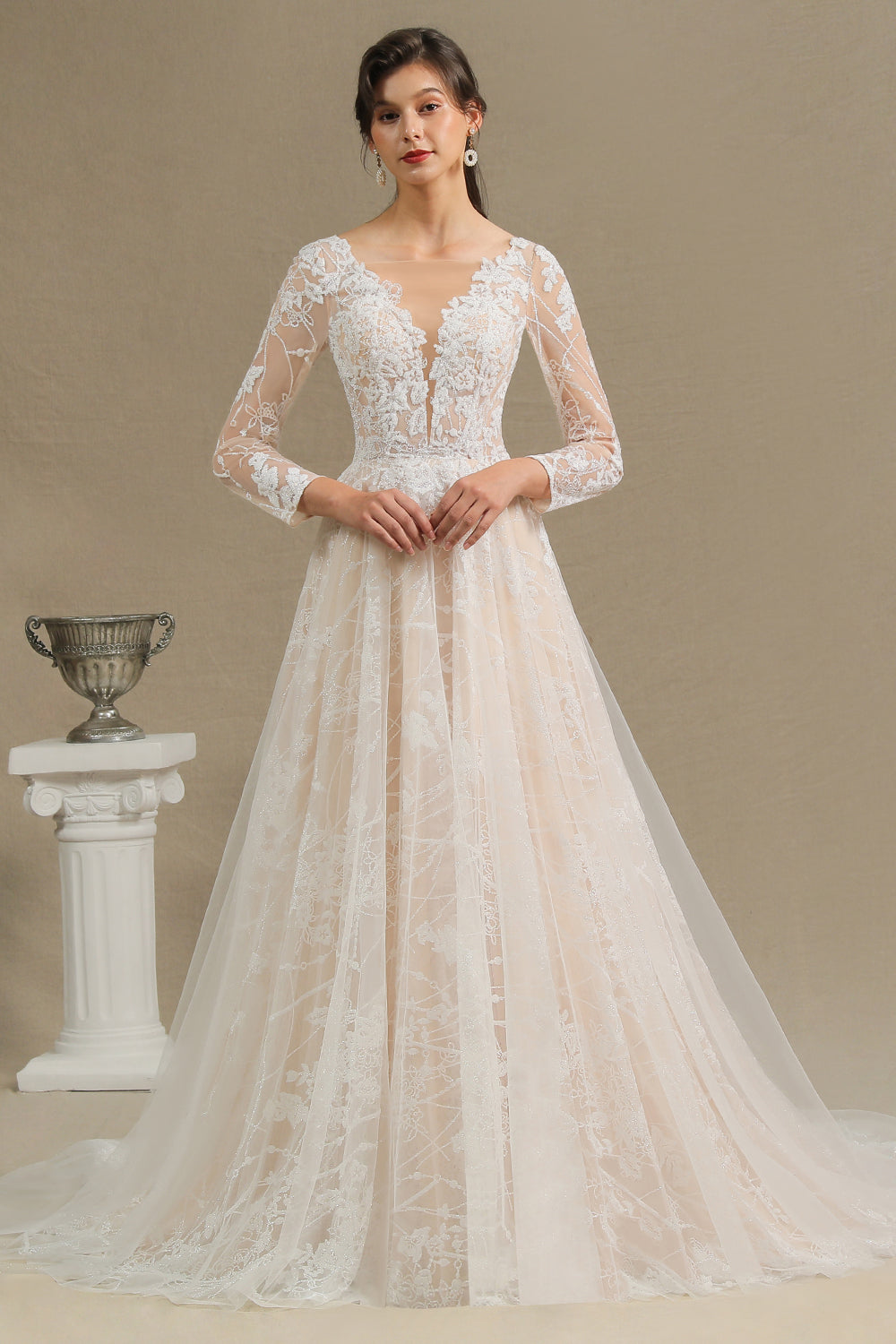 Sheer Tulle A-Line Wedding Dress With Lace Illusion Sleeves-BallBride
