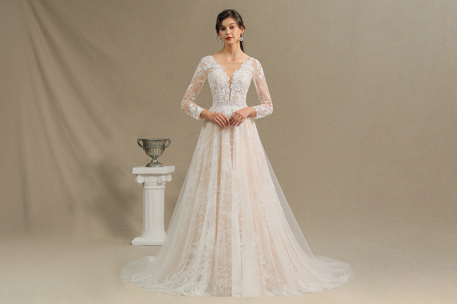 Sheer Tulle A-Line Wedding Dress With Lace Illusion Sleeves-BallBride