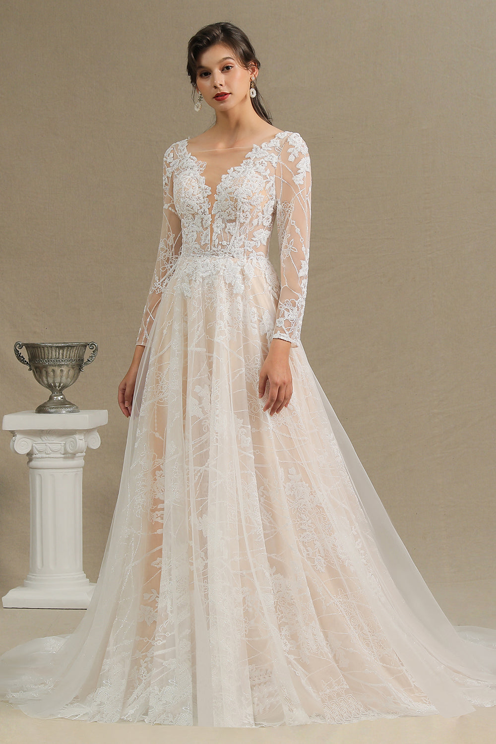 Sheer Tulle A-Line Wedding Dress With Lace Illusion Sleeves-BallBride