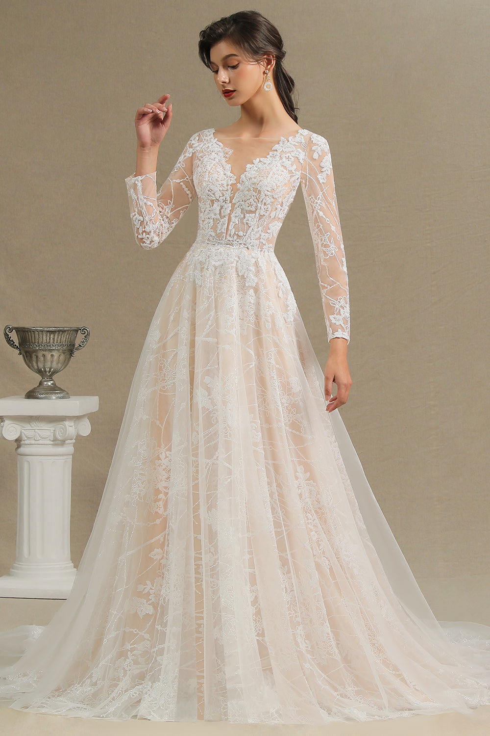 Sheer Tulle A-Line Wedding Dress With Lace Illusion Sleeves-BallBride