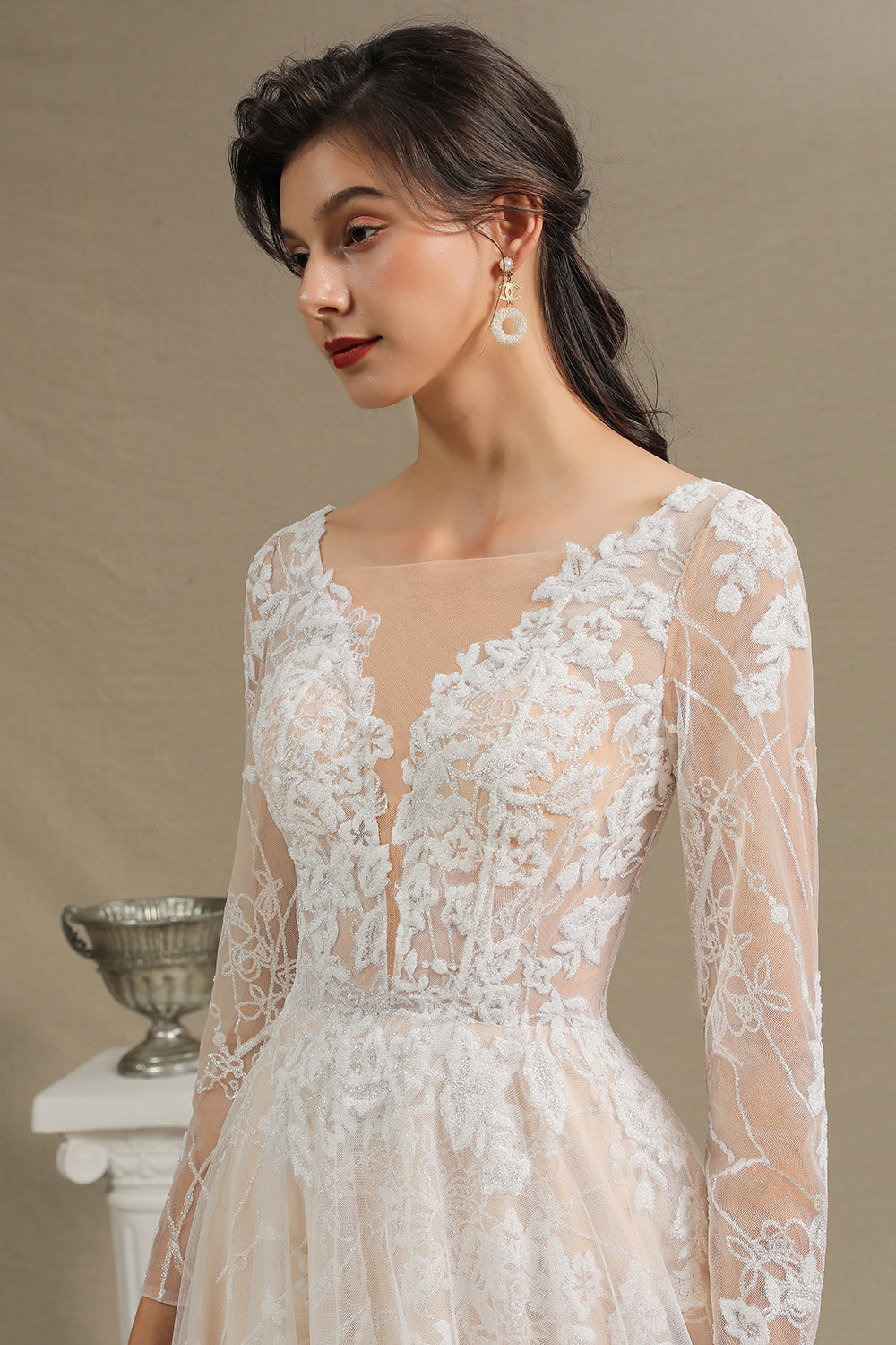 Sheer Tulle A-Line Wedding Dress With Lace Illusion Sleeves-BallBride