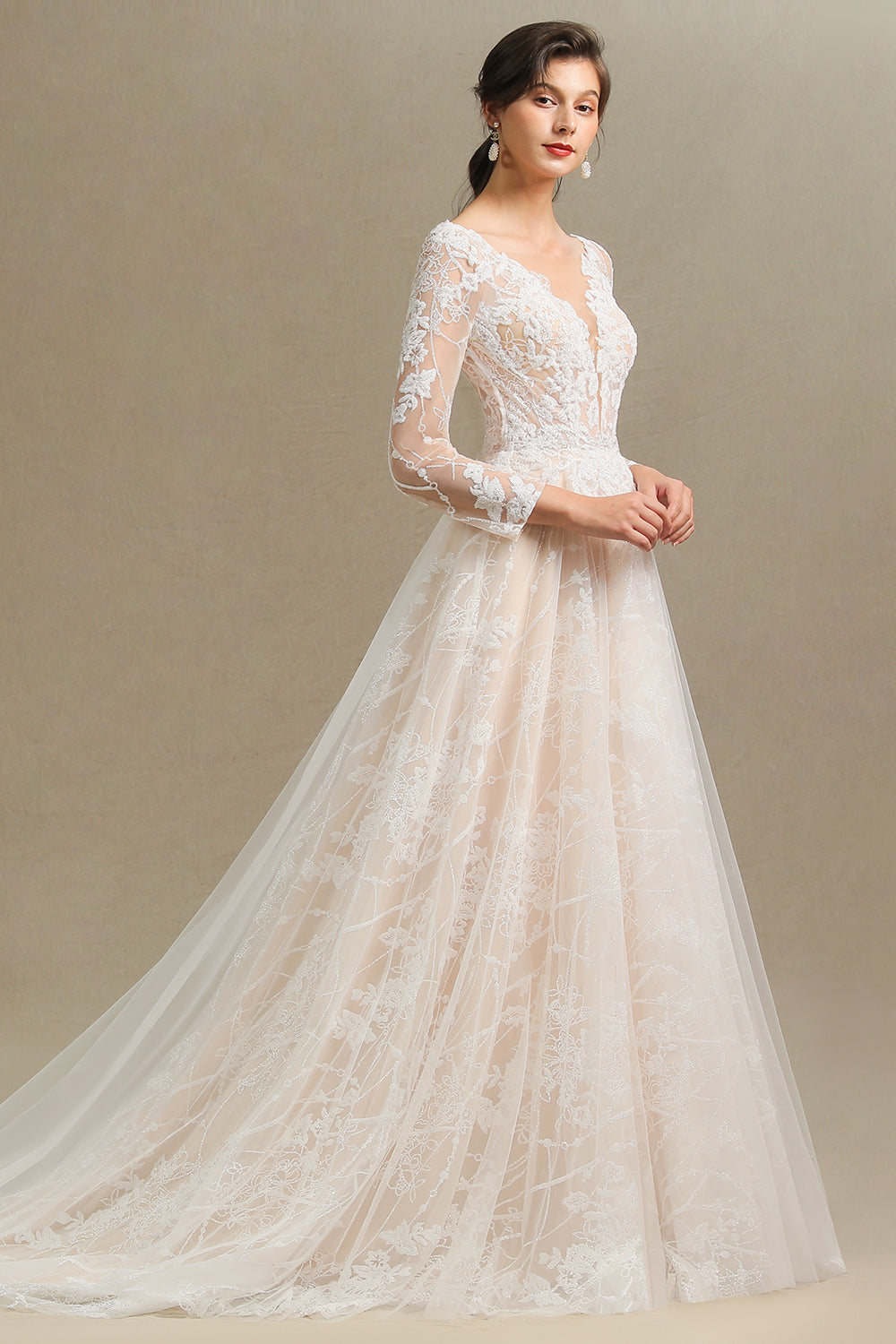 Sheer Tulle A-Line Wedding Dress With Lace Illusion Sleeves-BallBride