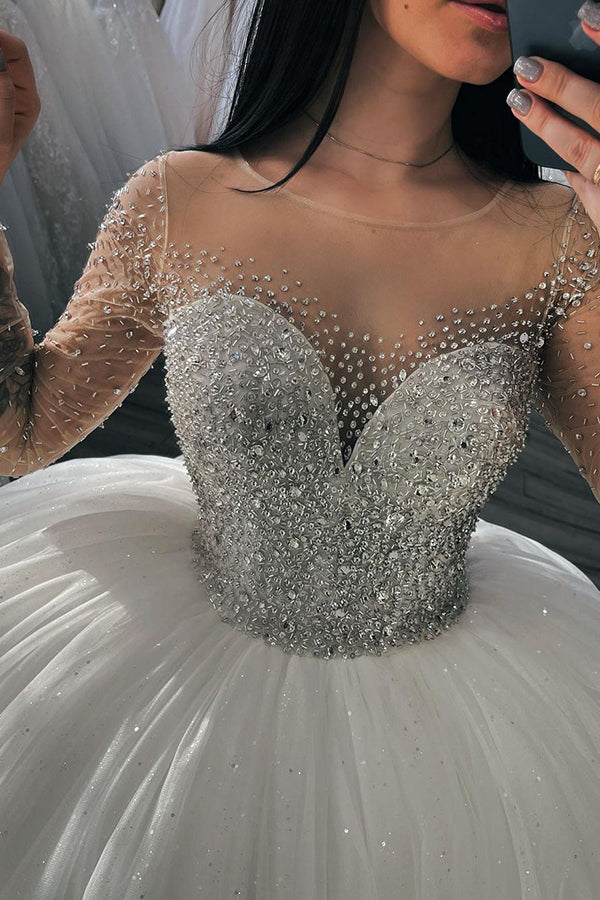 Shimmery Crystal Long Sleeves Ball Gown Wedding Dress with Beadings-BallBride