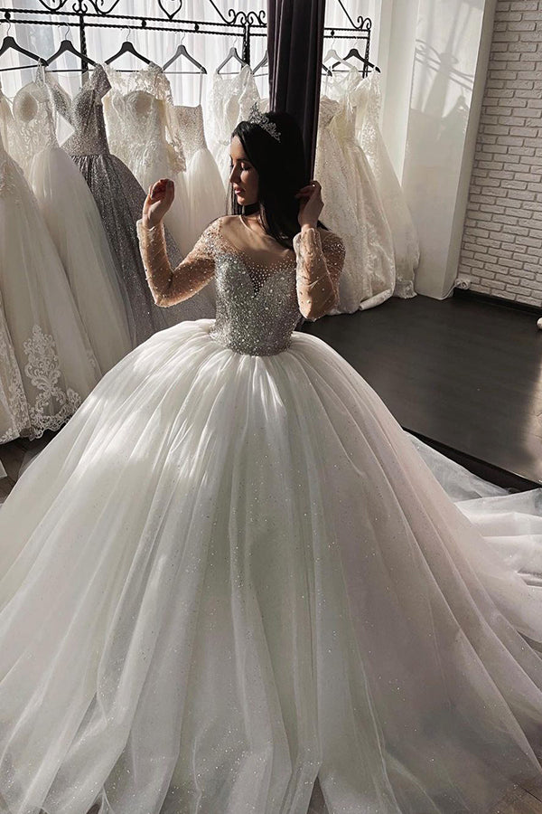 Shimmery Crystal Long Sleeves Ball Gown Wedding Dress with Beadings-BallBride