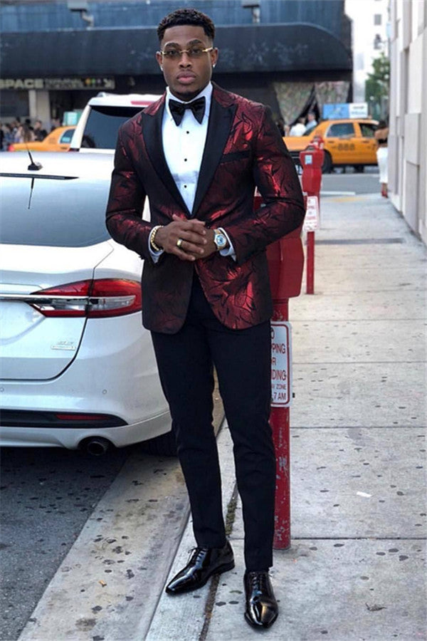 Shining Burgundy Prom Suit For Man With Peaked Lapel Dinner Formal Bespoke-BallBride