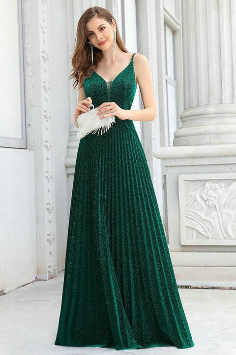 Shining Dark Green V-Neck Long Evening Dress-BallBride