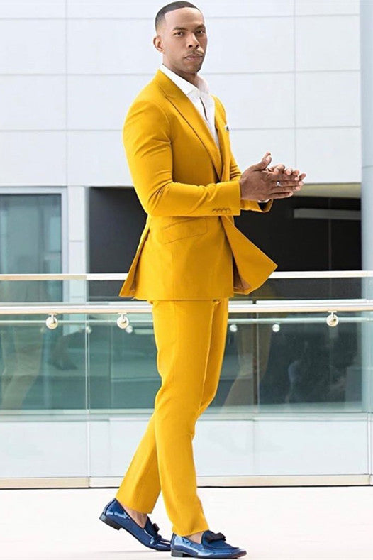 Shining Peaked Lapel Yellow Double Breasted Men Suits for Ring Bearer Prom Online-BallBride
