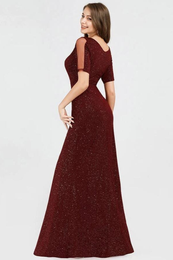Shinning Burgundy Long Evening Gown - Short Sleeve Prom Dress Mermaid-BallBride