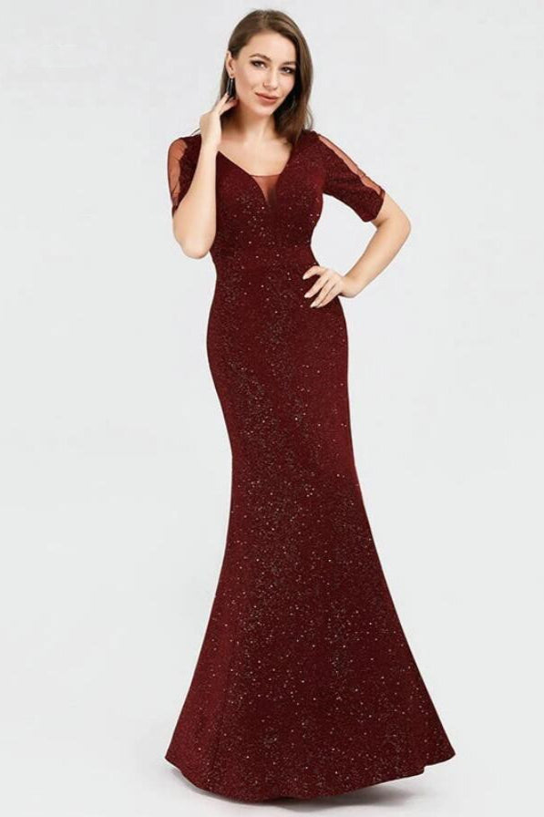 Shinning Burgundy Long Evening Gown - Short Sleeve Prom Dress Mermaid-BallBride