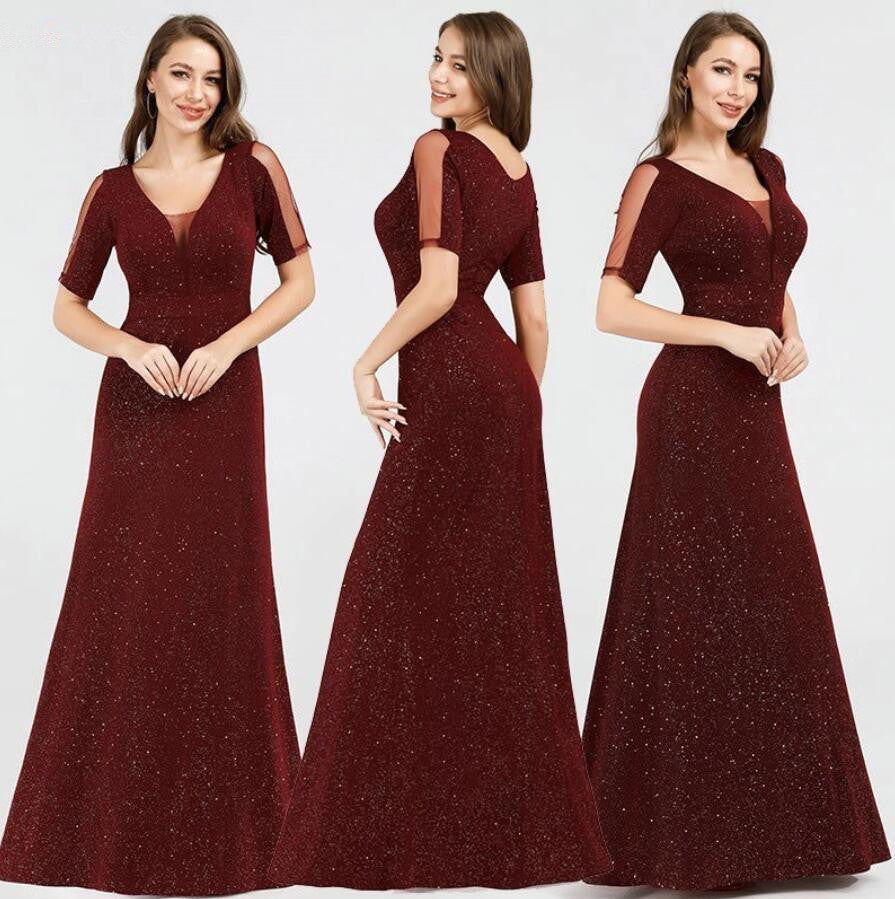 Shinning Burgundy Long Evening Gown - Short Sleeve Prom Dress Mermaid-BallBride