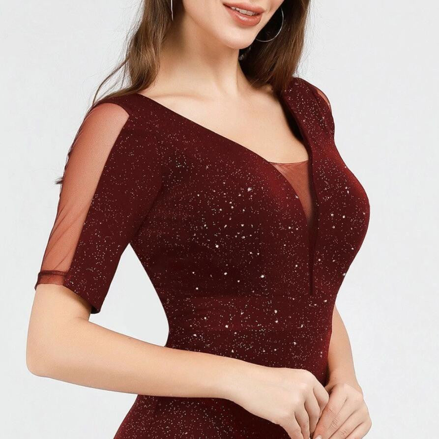 Shinning Burgundy Long Evening Gown - Short Sleeve Prom Dress Mermaid-BallBride
