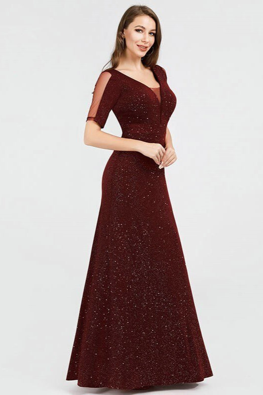 Shinning Burgundy Long Evening Gown - Short Sleeve Prom Dress Mermaid-BallBride