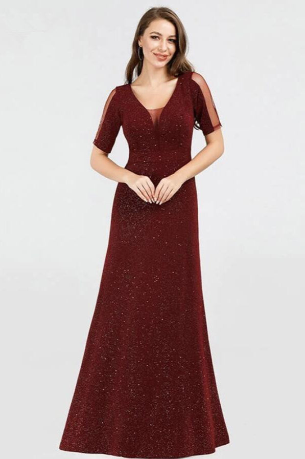 Shinning Burgundy Long Evening Gown - Short Sleeve Prom Dress Mermaid-BallBride