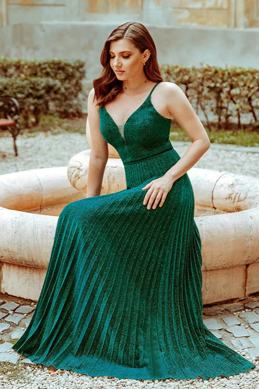 Shinning Dark Green V-Neck Long Evening Dresses-BallBride