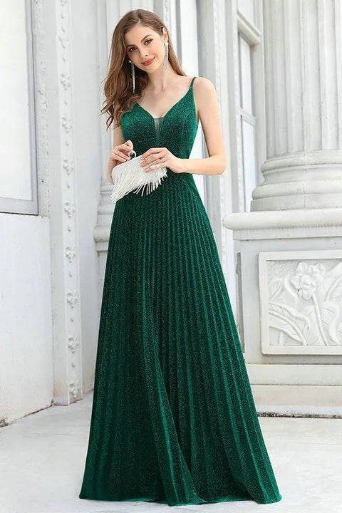 Shinning Dark Green V-Neck Long Evening Dresses-BallBride