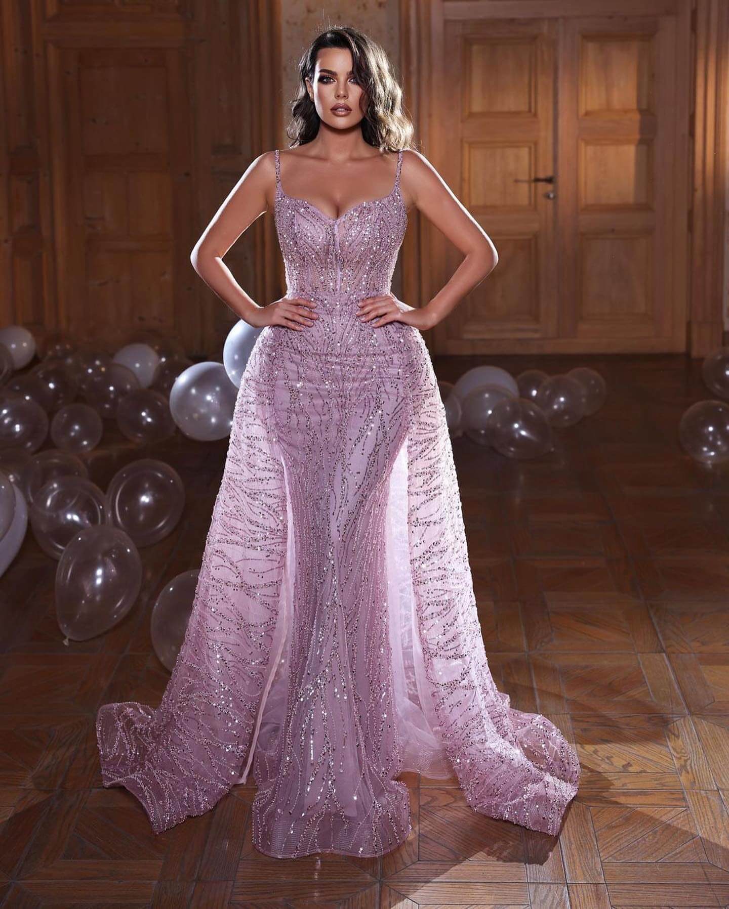Shinning Mermaid Evening Dress with Spaghetti-Straps and Overskirt Sleeveless Online-BallBride