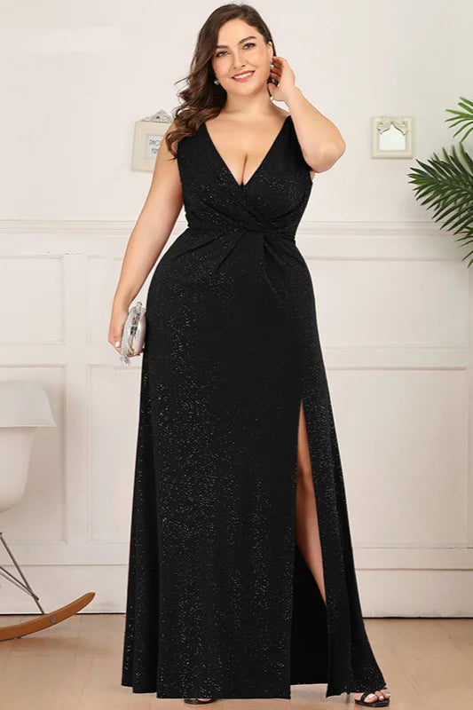 Shinning V-Neck Sleeveless Plus Size Prom Dress Long Evening Gowns With Split-BallBride