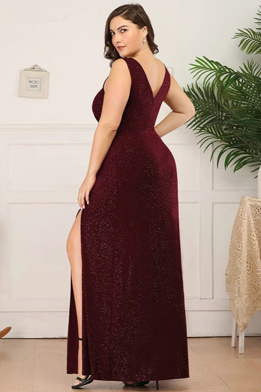 Shinning V-Neck Sleeveless Plus Size Prom Dress Long Evening Gowns With Split-BallBride