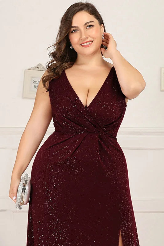 Shinning V-Neck Sleeveless Plus Size Prom Dress Long Evening Gowns With Split-BallBride