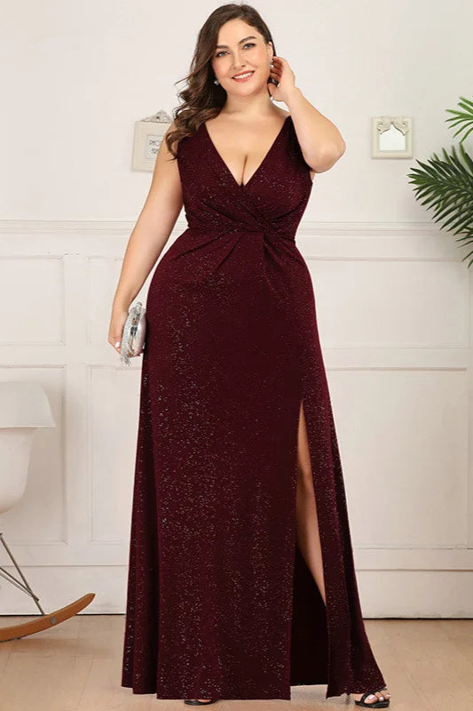 Shinning V-Neck Sleeveless Plus Size Prom Dress Long Evening Gowns With Split-BallBride