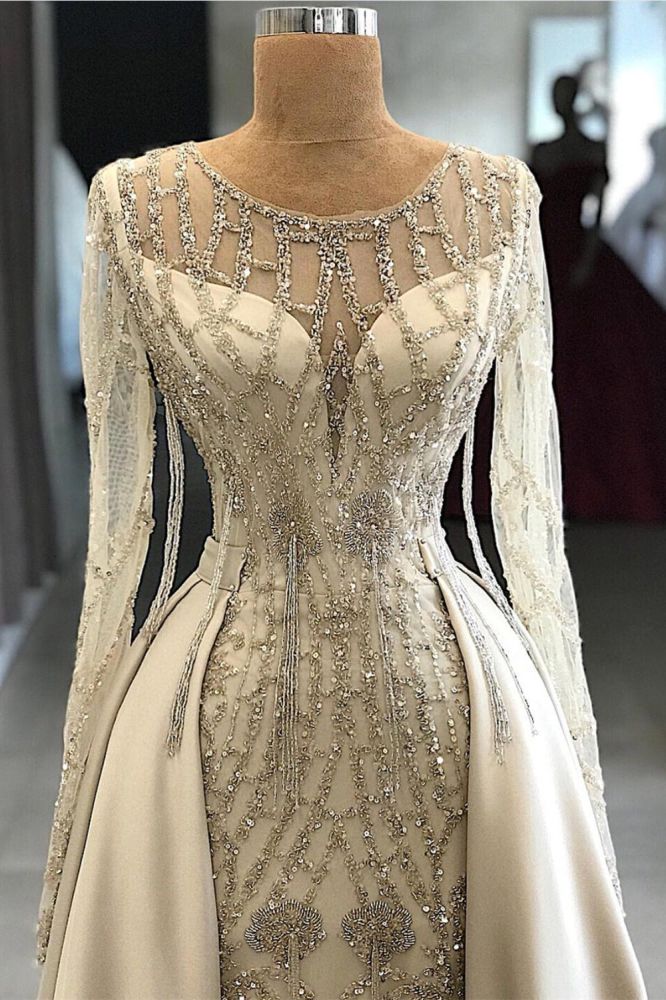 Shiny Off-White Beaded Long Sleeve Round Neck Prom Dress with Overskirt-BallBride