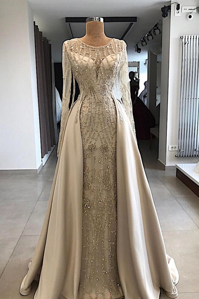 Shiny Off-White Beaded Long Sleeve Round Neck Prom Dress with Overskirt-BallBride