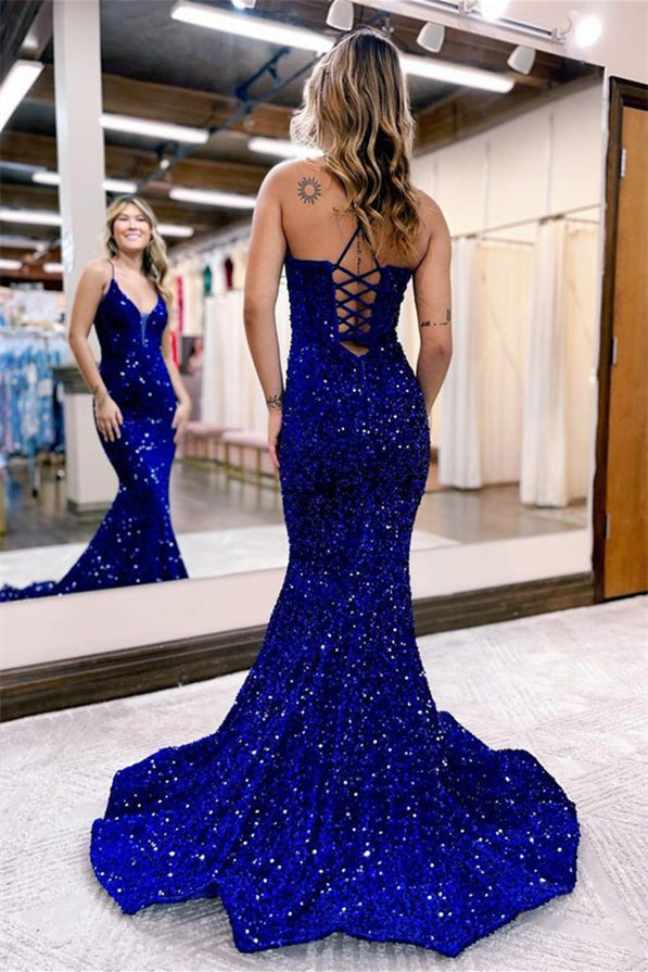 Shiny Sequin Mermaid Evening Dress Blue Floor Length Prom Dress Online-BallBride