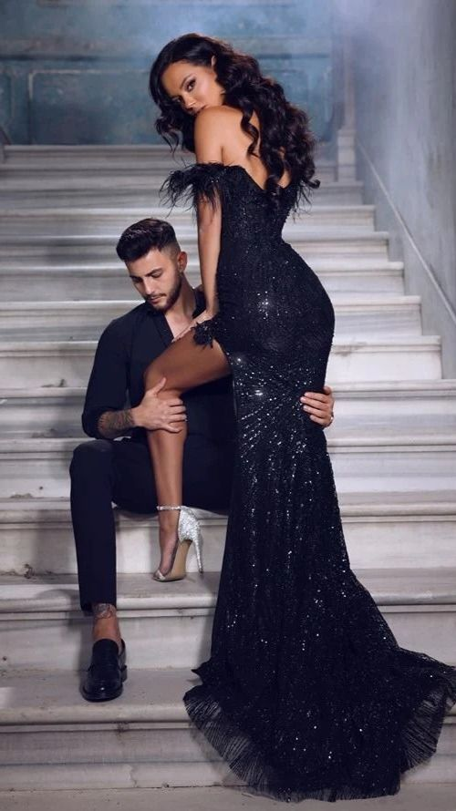 Shiny Sequins Off The Shoulder Slit Prom Dress with Feathers-BallBride