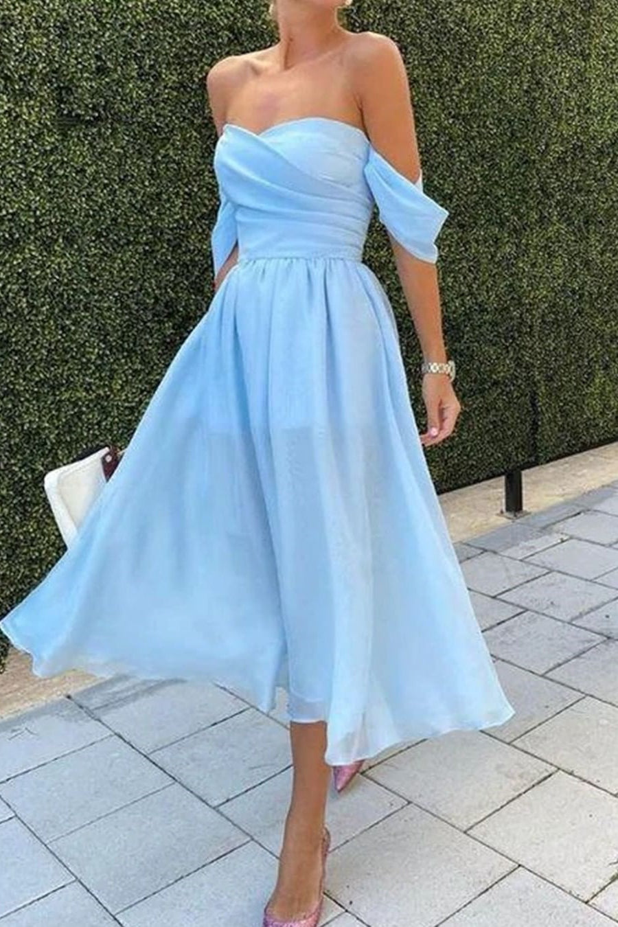 Short Evening Dress With Strapless Off-The-Shoulder in Baby Blue-BallBride
