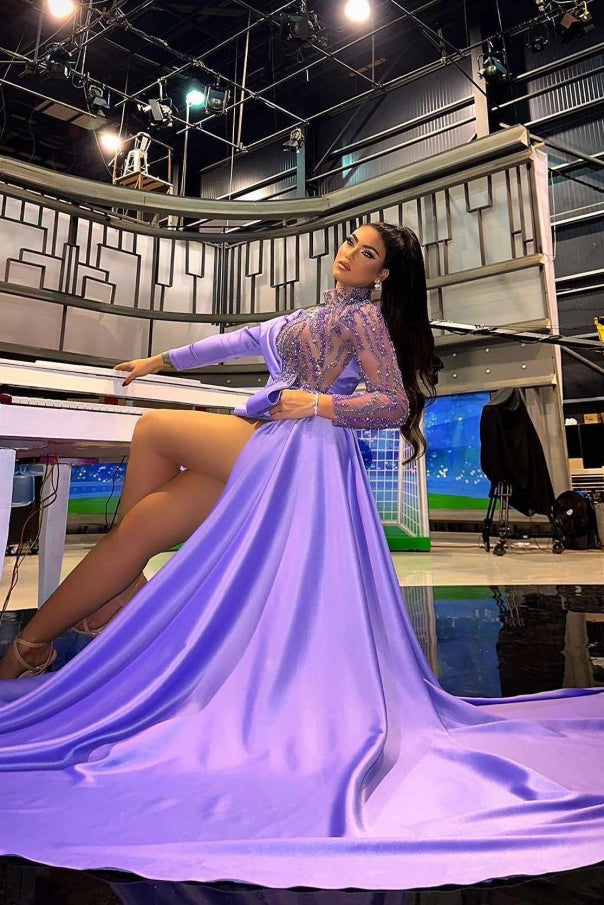 Short High Neck Long Sleeve Appliques Mermaid Satin Prom Dress with Train-BallBride