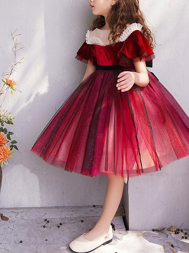 Short Sleeve A-Line Flower Girl Dress With Bow Cascading Ruffles Crystals & Rhinestones-BallBride