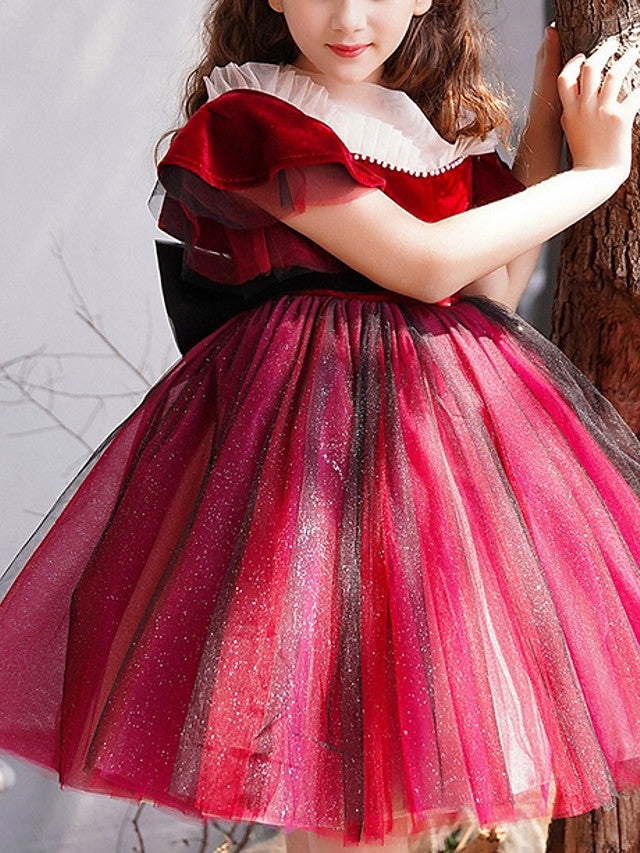 Short Sleeve A-Line Flower Girl Dress With Bow Cascading Ruffles Crystals & Rhinestones-BallBride