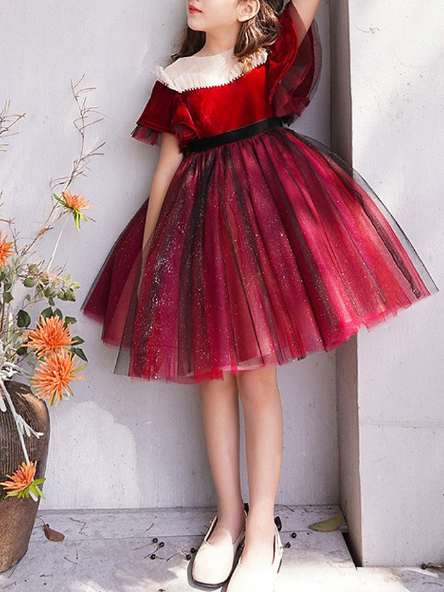 Short Sleeve A-Line Flower Girl Dress With Bow Cascading Ruffles Crystals & Rhinestones-BallBride